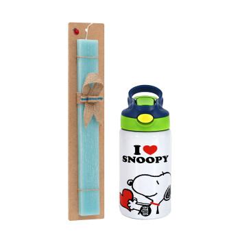 I LOVE SNOOPY, Easter Set, Children's thermal stainless steel bottle with safety straw, green/blue (350ml) & aromatic flat Easter candle (30cm) (TURQUOISE)