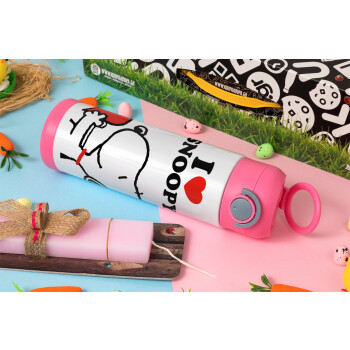 I LOVE SNOOPY, Πασχαλινή Λαμπάδα με Παιδικό παγούρι θερμό, ανοξείδωτο, με καλαμάκι ασφαλείας, ΡΟΖ (500ml)
