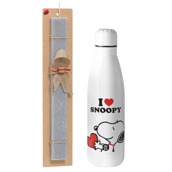 I LOVE SNOOPY, Πασχαλινό Σετ, μεταλλικό παγούρι Inox (700ml) & πασχαλινή λαμπάδα αρωματική πλακέ (30cm) (ΓΚΡΙ)