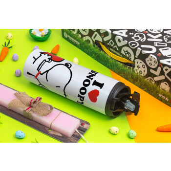I LOVE SNOOPY, Πασχαλινή Λαμπάδα με Travel Tumbler θερμό με διπλό καπάκι (600ml, BPA free) & κερί αρωματικό πλακέ (30cm) (ΡΟΖ)