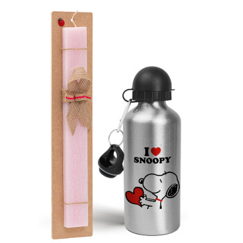 I LOVE SNOOPY, Easter Set, metallic Silver aluminum water bottle (500ml) & scented flat Easter candle (30cm) (PINK)