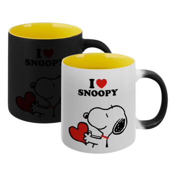 I LOVE SNOOPY, Κούπα Μαγική εσωτερικό κίτρινη, κεραμική 330ml που αλλάζει χρώμα με το ζεστό ρόφημα
