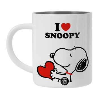 I LOVE SNOOPY, Λευκή Ανοξείδωτη Μεταλλική Κούπα 450ml - Διπλού Τοιχώματος 