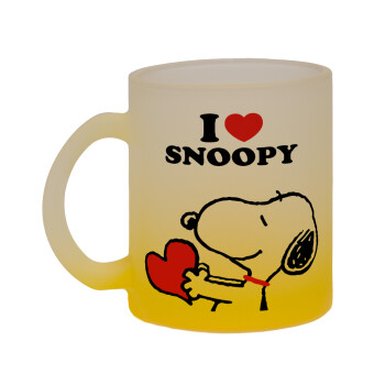 I LOVE SNOOPY, Κούπα γυάλινη δίχρωμη με βάση το κίτρινο ματ, 330ml