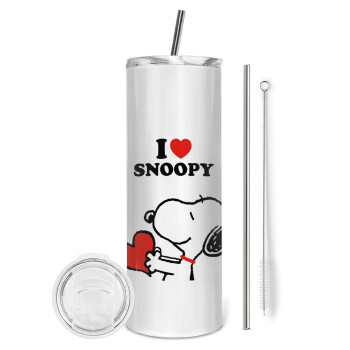 I LOVE SNOOPY, Eco friendly ποτήρι θερμό (tumbler) από ανοξείδωτο ατσάλι 600ml, με μεταλλικό καλαμάκι & βούρτσα καθαρισμού
