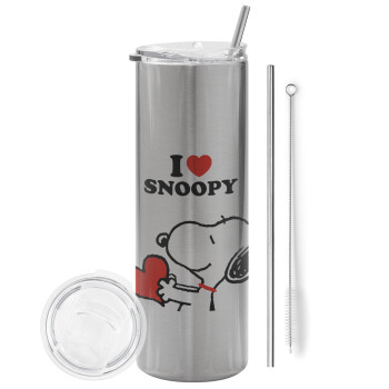 I LOVE SNOOPY, Eco friendly stainless steel Silver tumbler 600ml, with metal straw & cleaning brush