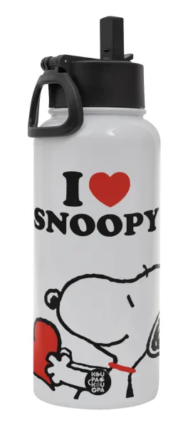 I LOVE SNOOPY — Μεταλλικό παγούρι θερμός Λευκό με καλαμάκι και χερούλι (Stainless steel), διπλού τοιχώματος, 950ml