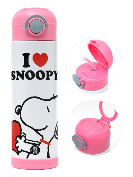 I LOVE SNOOPY — Children's hot water bottle, stainless steel, with safety straw, PINK (500ml)