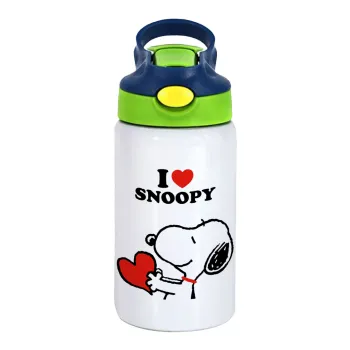 I LOVE SNOOPY, Παιδικό παγούρι θερμό, ανοξείδωτο, με καλαμάκι ασφαλείας, πράσινο/μπλε (350ml)