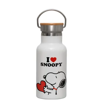 I LOVE SNOOPY, Μεταλλικό παγούρι θερμός (Stainless steel) Λευκό με ξύλινο καπακι (bamboo), διπλού τοιχώματος, 350ml