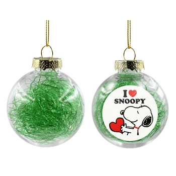 I LOVE SNOOPY, Transparent Christmas tree ball ornament with green filling 8cm