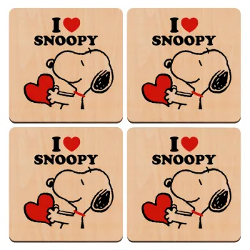 I LOVE SNOOPY, ΣΕΤ x4 Σουβέρ ξύλινα τετράγωνα plywood (9cm)