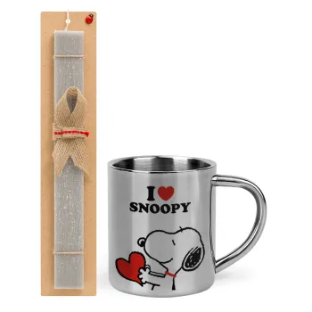 I LOVE SNOOPY, Easter Set, metallic thermal cup (300ml) & Easter aromatic flat candle (30cm) (GRAY)