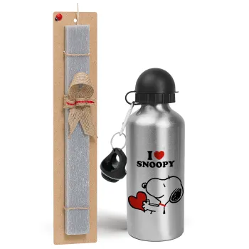 I LOVE SNOOPY, Easter Set, metallic silver aluminum water bottle (500ml) & aromatic flat Easter candle (30cm) (GRAY)