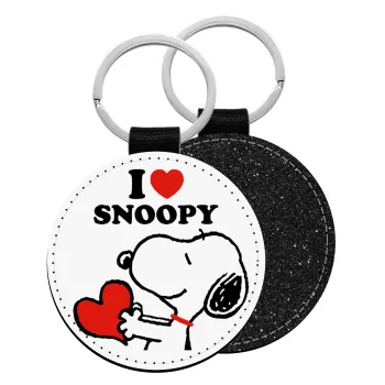 I LOVE SNOOPY, Μπρελόκ Δερματίνη, στρογγυλό ΜΑΥΡΟ (5cm)