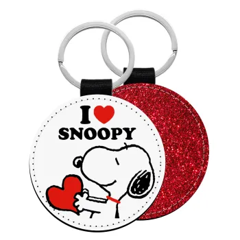 I LOVE SNOOPY, Μπρελόκ Δερματίνη, στρογγυλό ΚΟΚΚΙΝΟ (5cm)