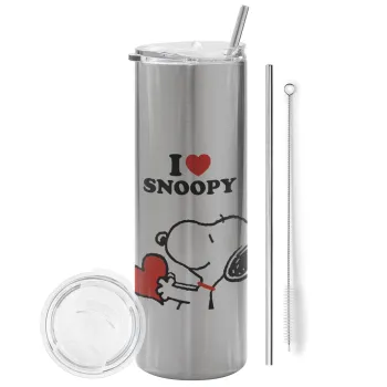 I LOVE SNOOPY, Tumbler ποτήρι θερμό Ασημένιο από ανοξείδωτο ατσάλι 600ml, με μεταλλικό καλαμάκι & βούρτσα καθαρισμού