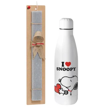 I LOVE SNOOPY, Πασχαλινή Λαμπάδα με μεταλλικό παγούρι θερμός ανοξείδωτο (500ml) & κερί αρωματικό πλακέ (30cm) (ΓΚΡΙ)