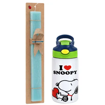 I LOVE SNOOPY, Easter Set, Children's thermal stainless steel bottle with safety straw, green/blue (350ml) & aromatic flat Easter candle (30cm) (TURQUOISE)