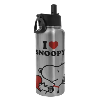 I LOVE SNOOPY, Μεταλλικό παγούρι θερμός Silver με καλαμάκι και χερούλι (Stainless steel), διπλού τοιχώματος, 950ml
