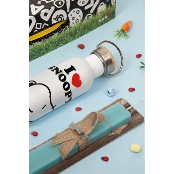 I LOVE SNOOPY, Πασχαλινή Λαμπάδα με παγούρι μεταλλικό (620ml, stainless steel) & κερί αρωματικό πλακέ (30cm) (ΤΙΡΚΟΥΑΖ)