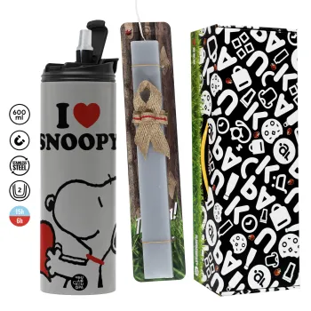 I LOVE SNOOPY, Πασχαλινή Λαμπάδα με Travel Tumbler θερμό (600ml, BPA free) & κερί αρωματικό πλακέ (30cm) (ΓΚΡΙ)