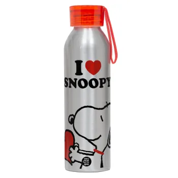 I LOVE SNOOPY, Αλουμινένιο Αθλητικό Μπουκάλι 650ml – Ασημί με Κόκκινο Καπάκι και Λουράκι Σιλικόνης