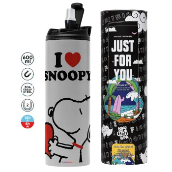 I LOVE SNOOPY, Tumbler ποτήρι θερμό ΓΚΡΙ από ανοξείδωτο ατσάλι 600ml