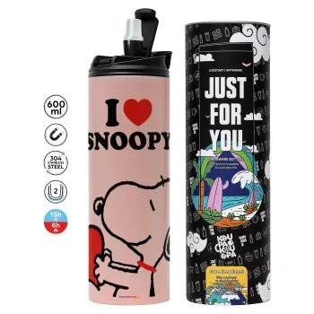 I LOVE SNOOPY, Tumbler ποτήρι θερμό ΡΟΖ από ανοξείδωτο ατσάλι 600ml