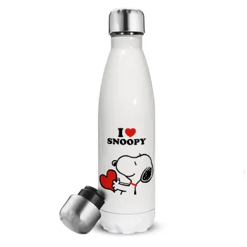 I LOVE SNOOPY, Μεταλλικό παγούρι θερμός Λευκό (Stainless steel), διπλού τοιχώματος, 500ml