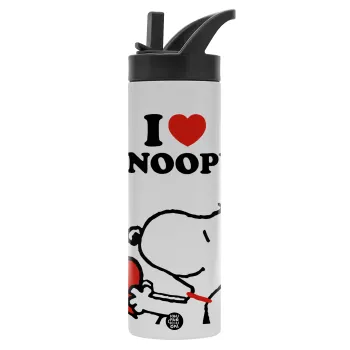 I LOVE SNOOPY, Μεταλλικό παγούρι θερμός με καλαμάκι & χειρολαβή, ανοξείδωτο ατσάλι (Stainless steel 304), διπλού τοιχώματος, 600ml