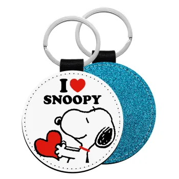I LOVE SNOOPY, Μπρελόκ Δερματίνη, στρογγυλό ΜΠΛΕ (5cm)