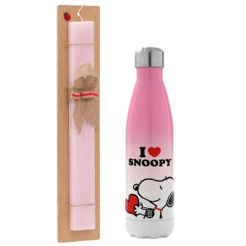 I LOVE SNOOPY, Easter Set, Metallic pink/white (Stainless steel) thermos, double-walled, 500ml & aromatic flat Easter candle (30cm) (PINK)