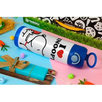 I LOVE SNOOPY, Πασχαλινή Λαμπάδα με Παιδικό παγούρι θερμό, ανοξείδωτο, με καλαμάκι ασφαλείας, ΜΠΛΕ (500ml)
