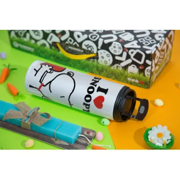 I LOVE SNOOPY, Πασχαλινή Λαμπάδα με Travel Tumbler θερμό με διπλό καπάκι (600ml, BPA free) & κερί αρωματικό πλακέ (30cm) (ΤΙΡΚΟΥΑΖ)