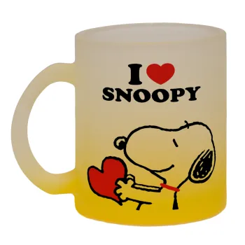 I LOVE SNOOPY, Κούπα γυάλινη δίχρωμη με βάση το κίτρινο ματ, 330ml