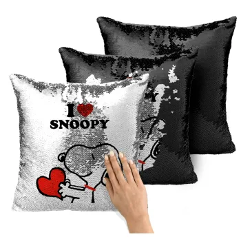 I LOVE SNOOPY, Μαξιλάρι καναπέ Μαγικό Μαύρο με πούλιες 40x40cm περιέχεται το γέμισμα