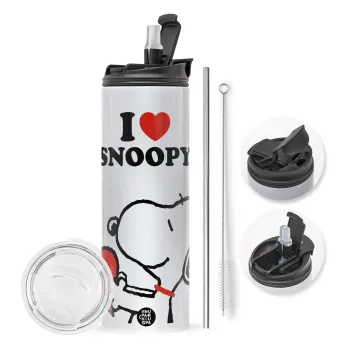 I LOVE SNOOPY, Travel Tumbler θερμό με διπλό καπάκι, μεταλλικό καλαμάκι και βούρτσα καθαρισμού (Ανωξείδωτο 304 Food grade, BPA free, 600ml)