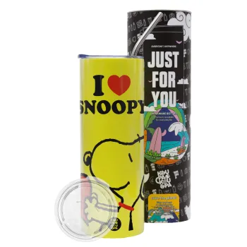 I LOVE SNOOPY, Neon Yellow Travel Tumbler θερμό, μεταλλικό καλαμάκι(Ανωξείδωτο 304 Food grade, BPA free, 600ml)