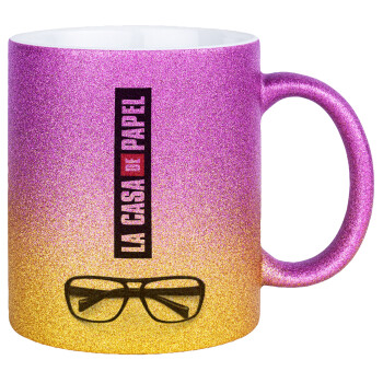 la professor, γυαλιά, Κούπα Χρυσή/Ροζ Glitter, κεραμική, 330ml