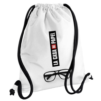 la professor, γυαλιά, Τσάντα πλάτης πουγκί GYMBAG λευκή, με τσέπη (40x48cm) & χονδρά κορδόνια
