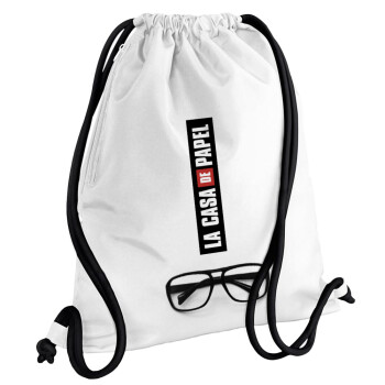 la professor, γυαλιά, Backpack pouch GYMBAG white, with pocket (40x48cm) & thick cords