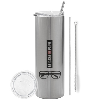 la professor, γυαλιά, Eco friendly stainless steel Silver tumbler 600ml, with metal straw & cleaning brush