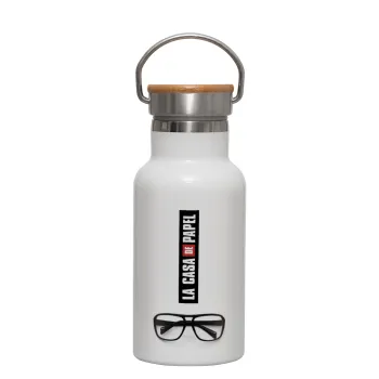 la professor, γυαλιά, Metallic thermos (Stainless steel) White with wooden lid (bamboo), double-walled, 350ml