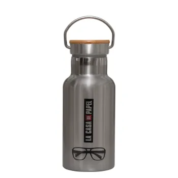 la professor, γυαλιά, Stainless steel metallic thermos flask, silver with a bamboo lid, double-walled, 350ml.