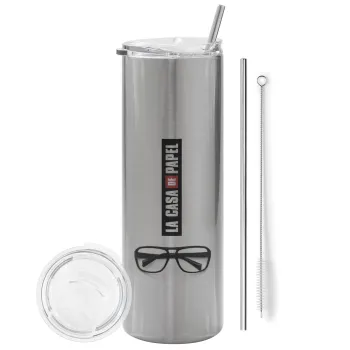 la professor, γυαλιά, Tumbler stainless steel Silver 600ml, with metal straw & cleaning brush