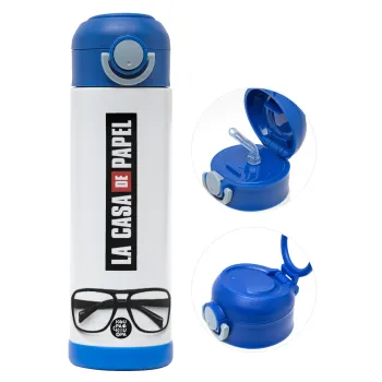 la professor, γυαλιά, Children's hot water bottle, stainless steel, with safety straw, BLUE (500ml)