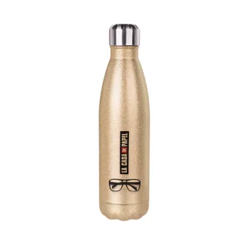 la professor, γυαλιά, Glitter gold stainless steel thermos bottle, double-walled, 500ml
