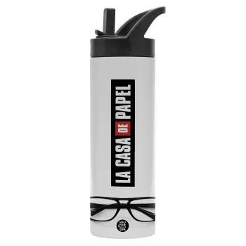 la professor, γυαλιά, Metallic thermos bottle with straw & handle, stainless steel (Stainless steel 304), double-walled, 600ml.