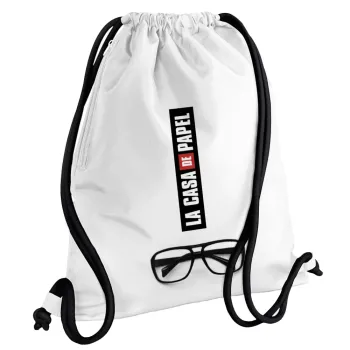 la professor, γυαλιά, Backpack pouch GYMBAG white, with pocket (40x48cm) & thick cords